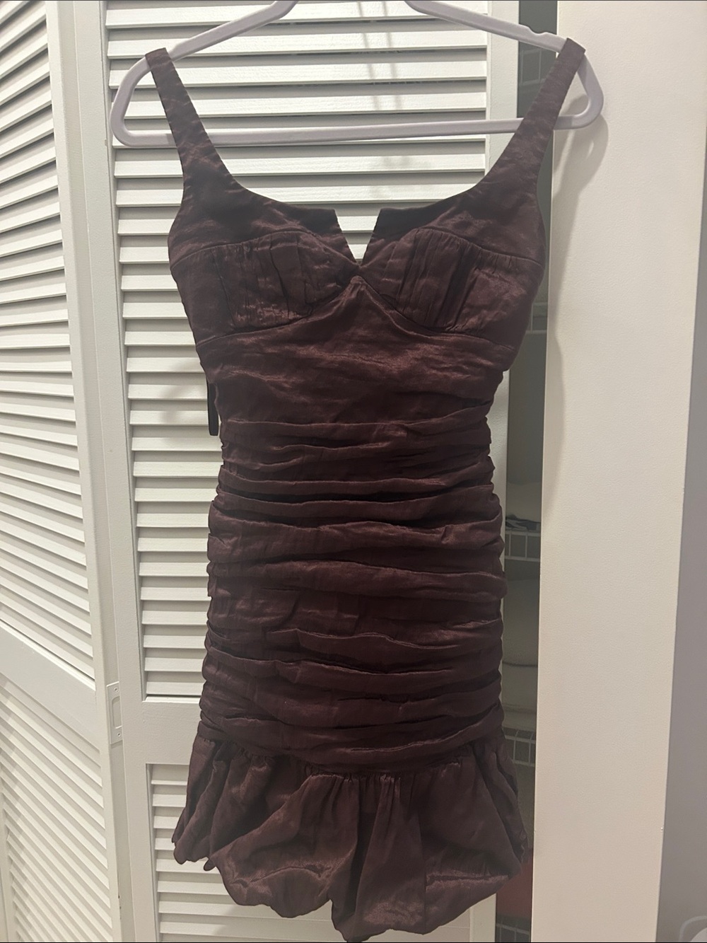 BCBGMaxAzria Plum Ruched Satin Mini Dress